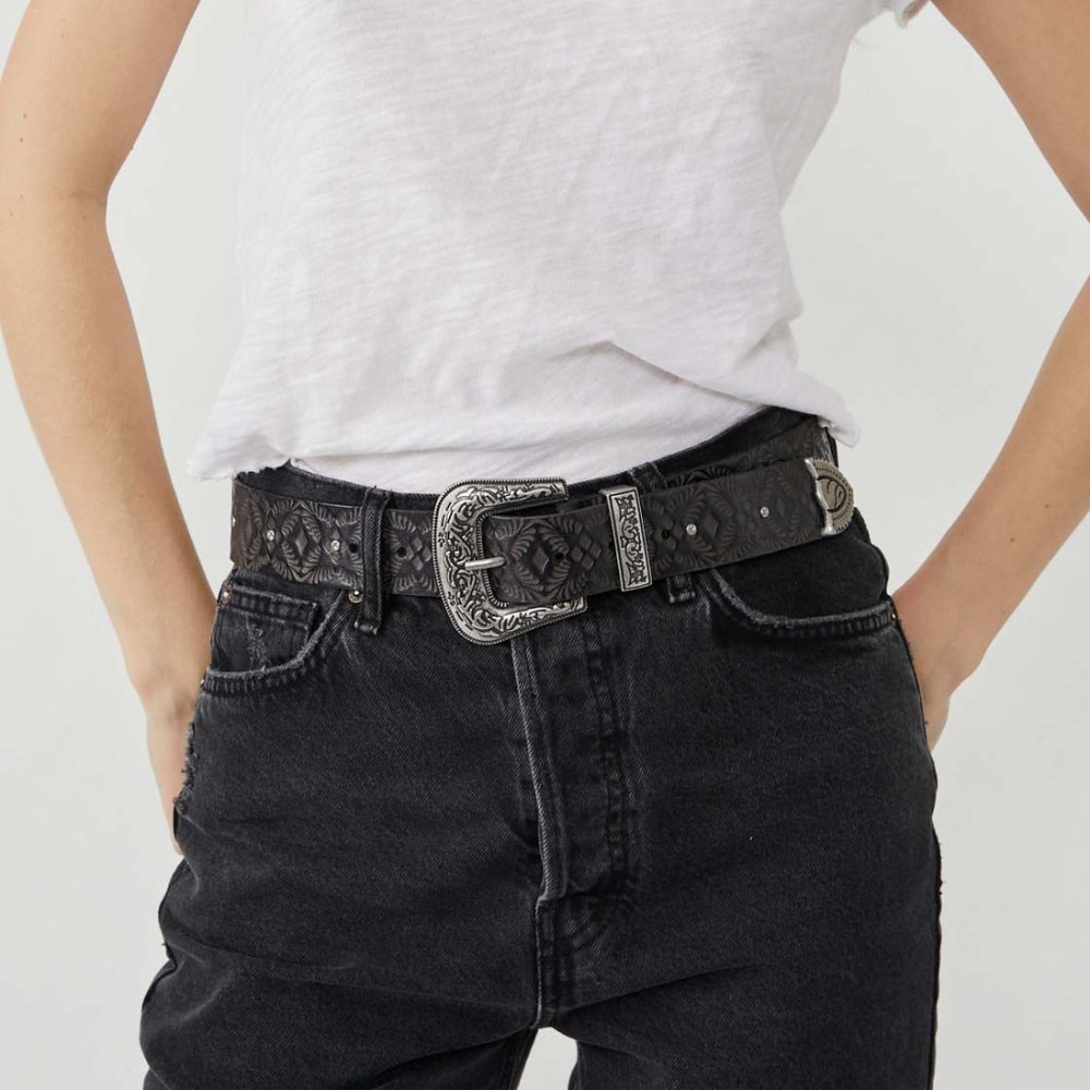NWOT Black Embossed Leather Western Belt with Silver Buckle